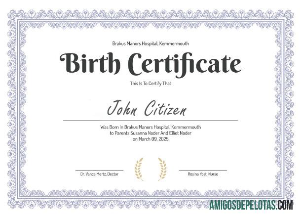 Certidão de nascimento do Hospital Kemmermouth Brakus Manors amostra